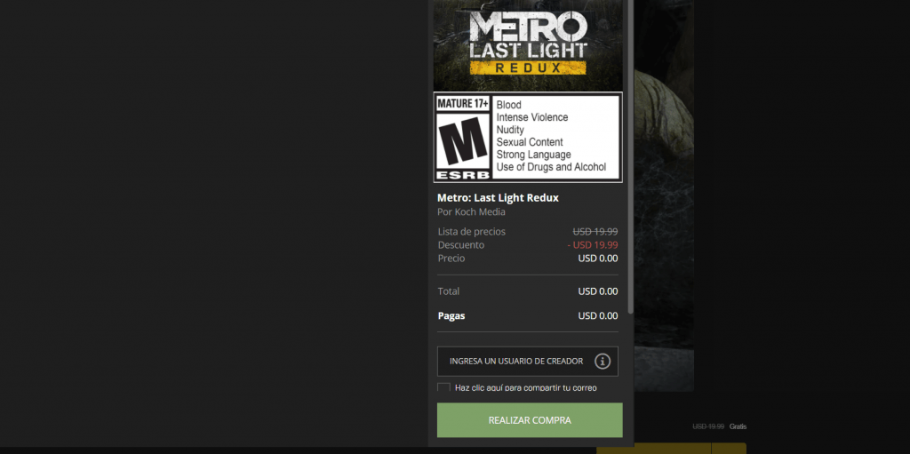 Metro Last Light en Epic Games